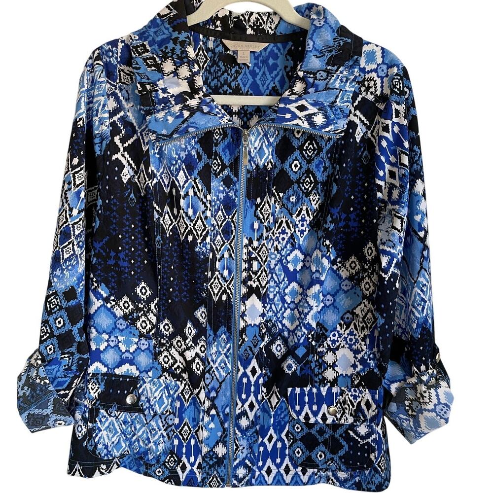 Laura Ashley Jacket Size L Full Zip Roll Tab Sleeves Stretch Blue White Abstract